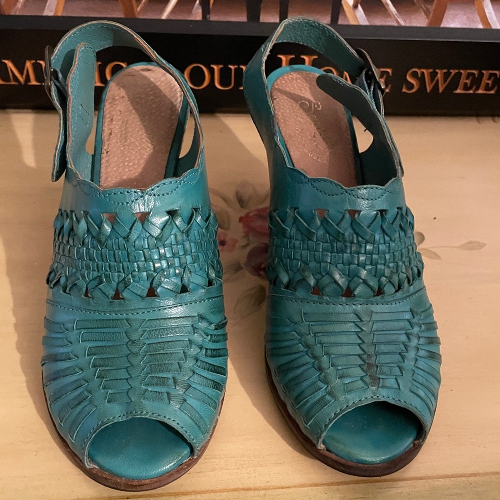 Seychelles Women’s Aqua Teal Open Toe Wedge Sandals Women Leather Sz 7